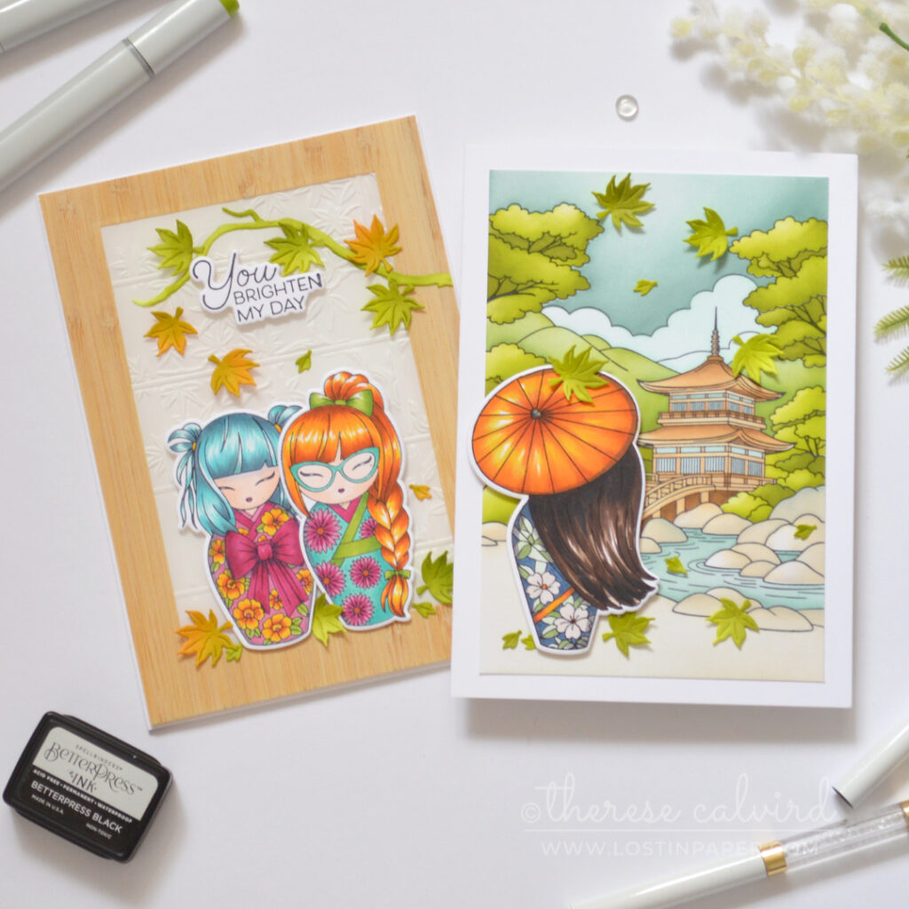 Two Japanese-inspired cards featuring colourful Kokeshi girls and scenic backgrounds.