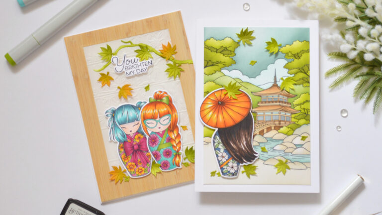 Two Japanese-inspired cards featuring colourful Kokeshi girls and scenic backgrounds.