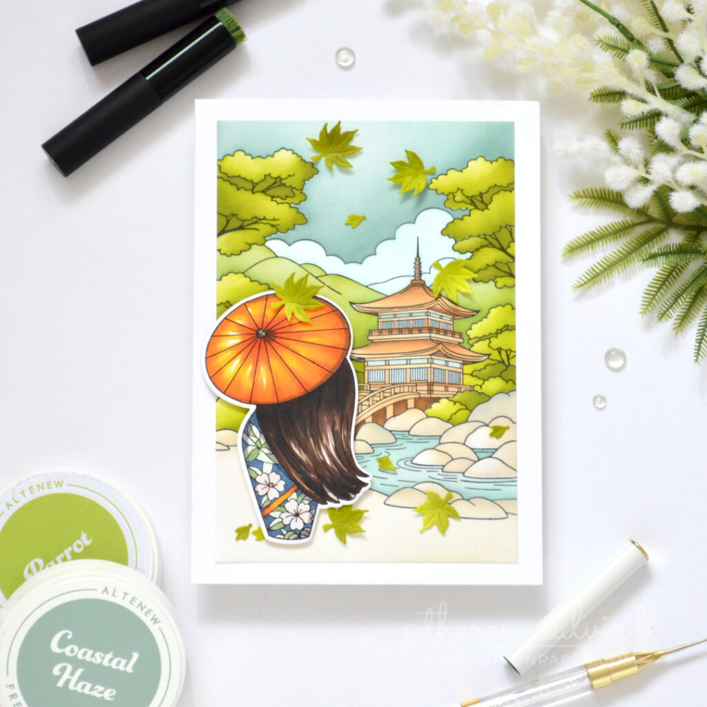 Kokeshi girl with orange parasol in a softly ink-blended Japanese scene.