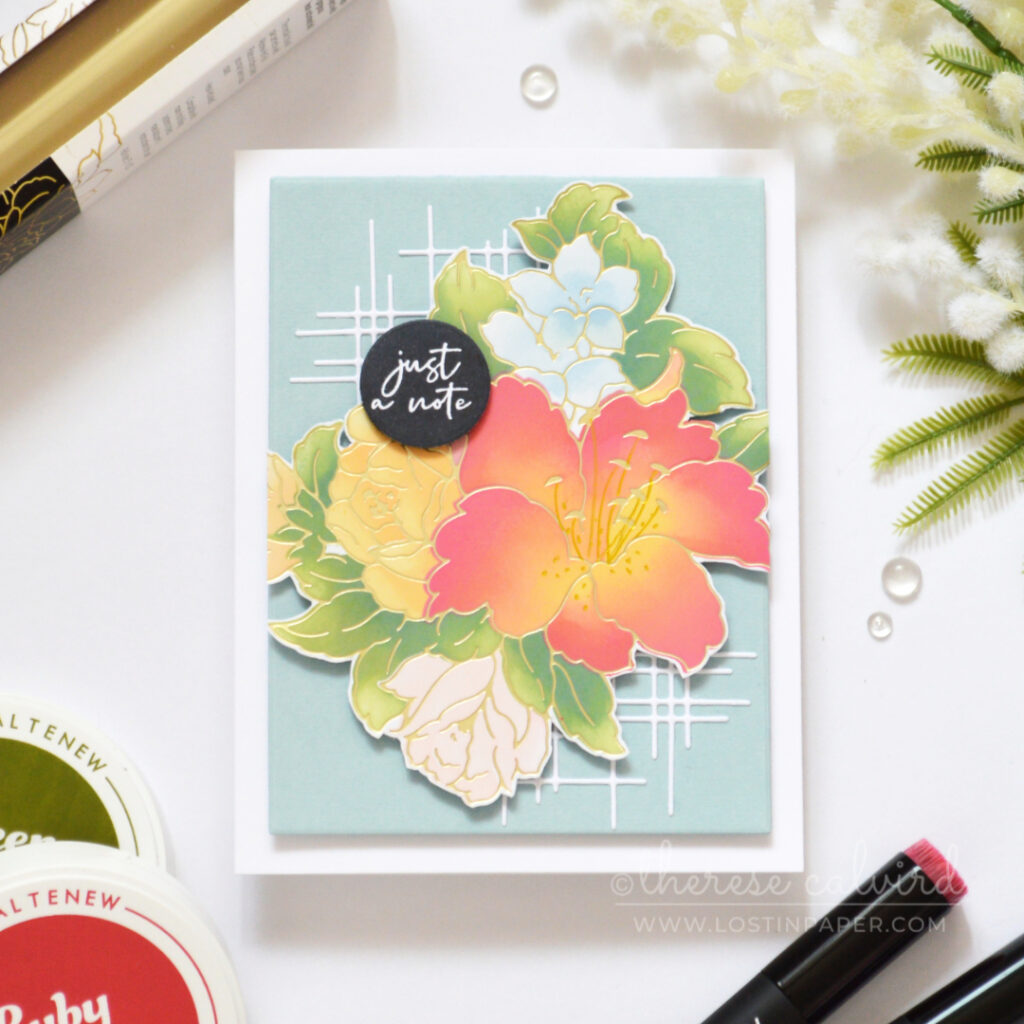 Hot foiled lily bouquet with bright stencil-blended flowers on a pale blue background.