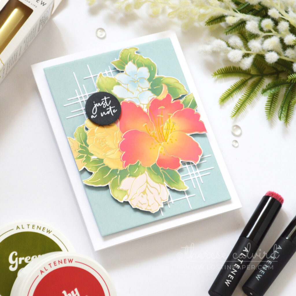 Hot foiled lily bouquet with bright stencil-blended flowers on a pale blue background.