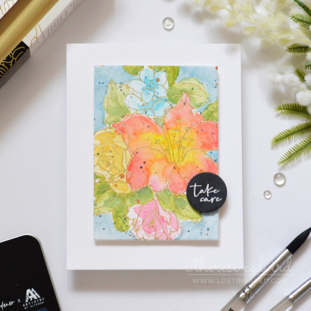 Hot foiled lily bouquet with loose, colourful watercolour and metallic splatters.