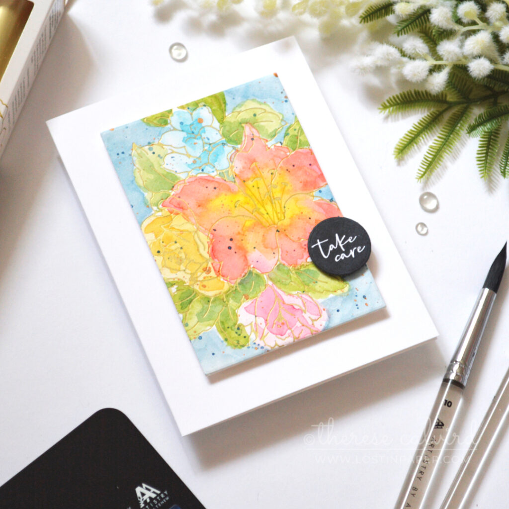 Hot foiled lily bouquet with loose, colourful watercolour and metallic splatters.
