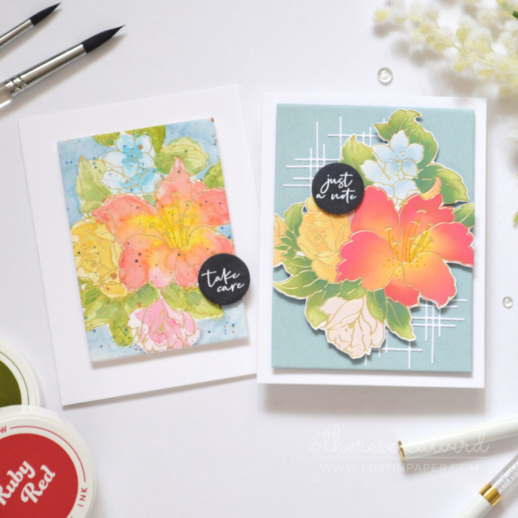Two floral card colouring techniques - crisp stencil blending and messy watercolour.